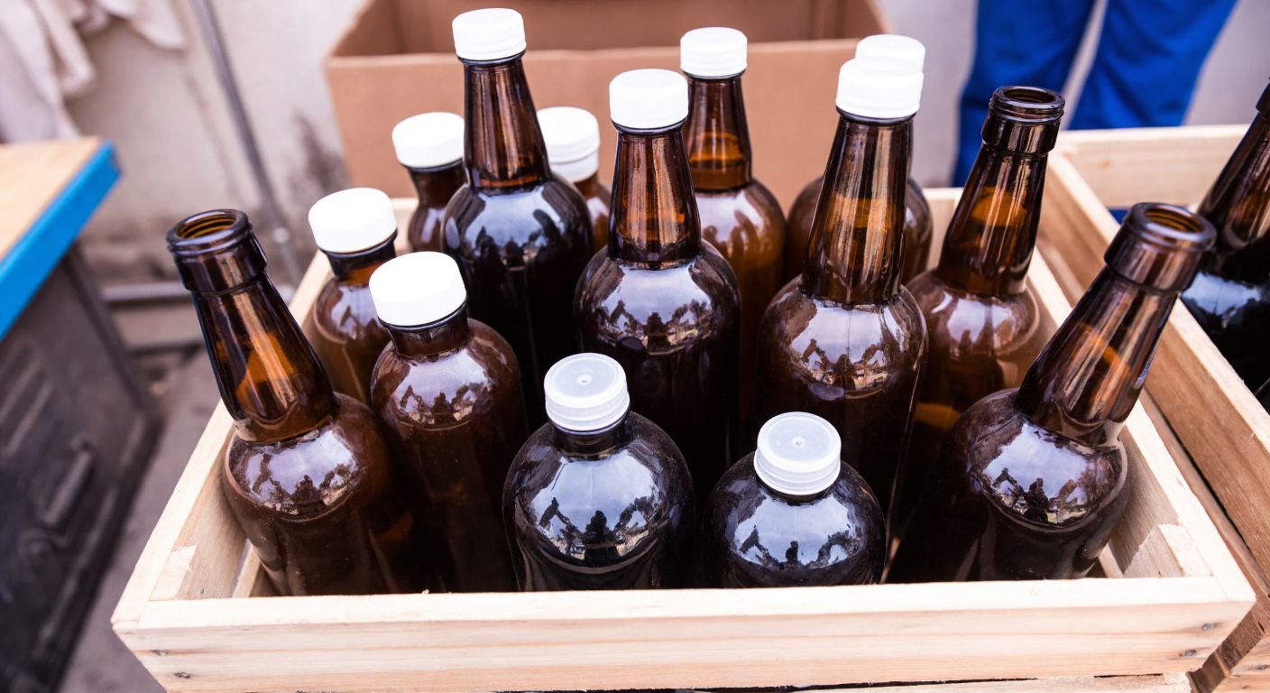 A wooden crate filled with clear and amber 250 ml glass bottles, some with plastic caps and others with handles, placed on a rustic market stall in Turkey.