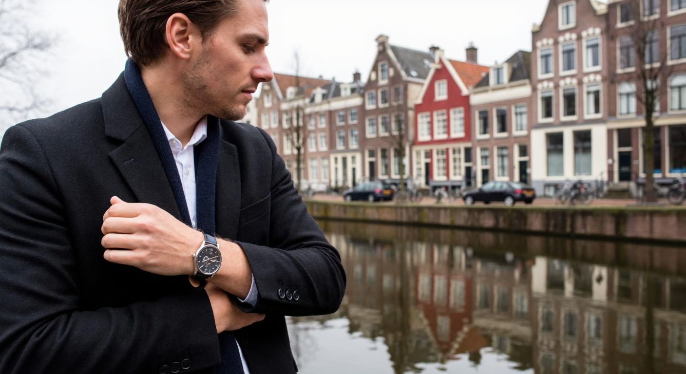 A stylish Dutch man in a modern European city checks his sleek Daniel Klein wristwatch while standing near a canal lined with traditional Dutch houses.