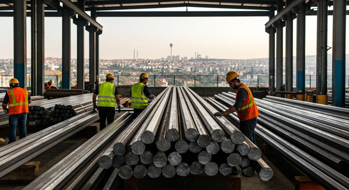 A stack of gleaming iron bars in a Turkish industrial warehouse, with workers in hard hats checking invoices and a cityscape of Ankara visible through the open loading bay.