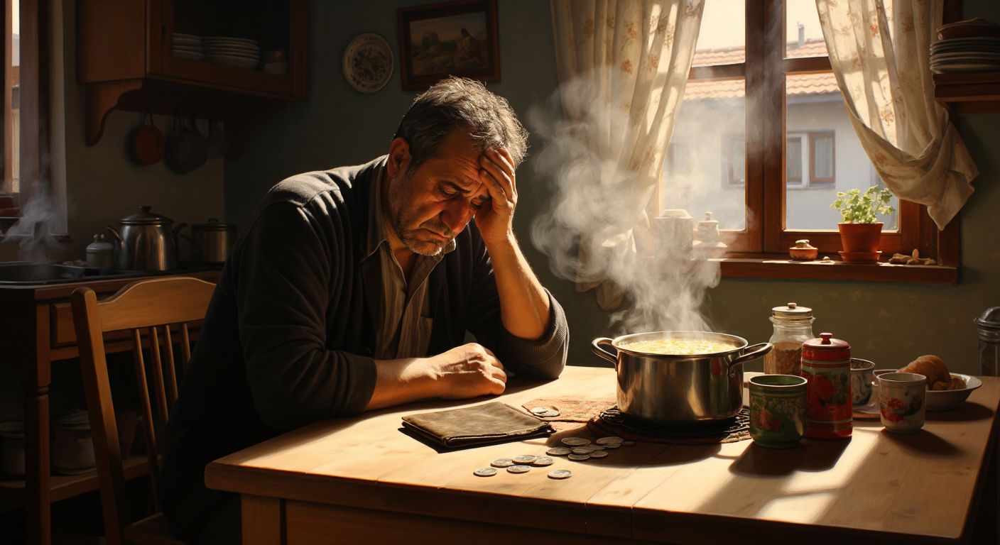 A weary middle-aged man in a modest Turkish home sits at a wooden table with an empty wallet and a single coin, his head resting in his hands as steam rises from a simple pot of çorba on the stove.