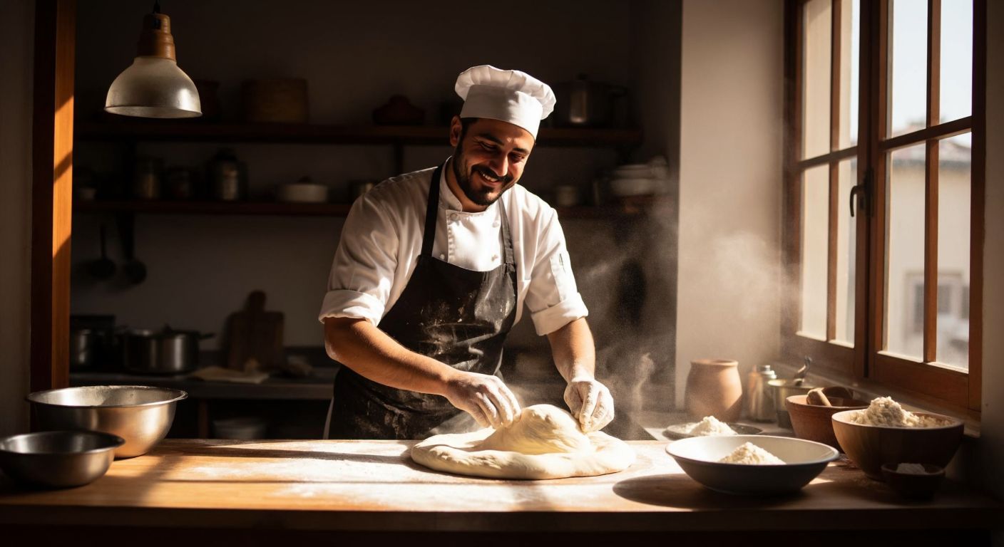 A Turkish chef in a sunlit kitchen kneading lahmacun dough with flour-dusted hands, smiling confidently while a bowl of water and salt sits nearby.