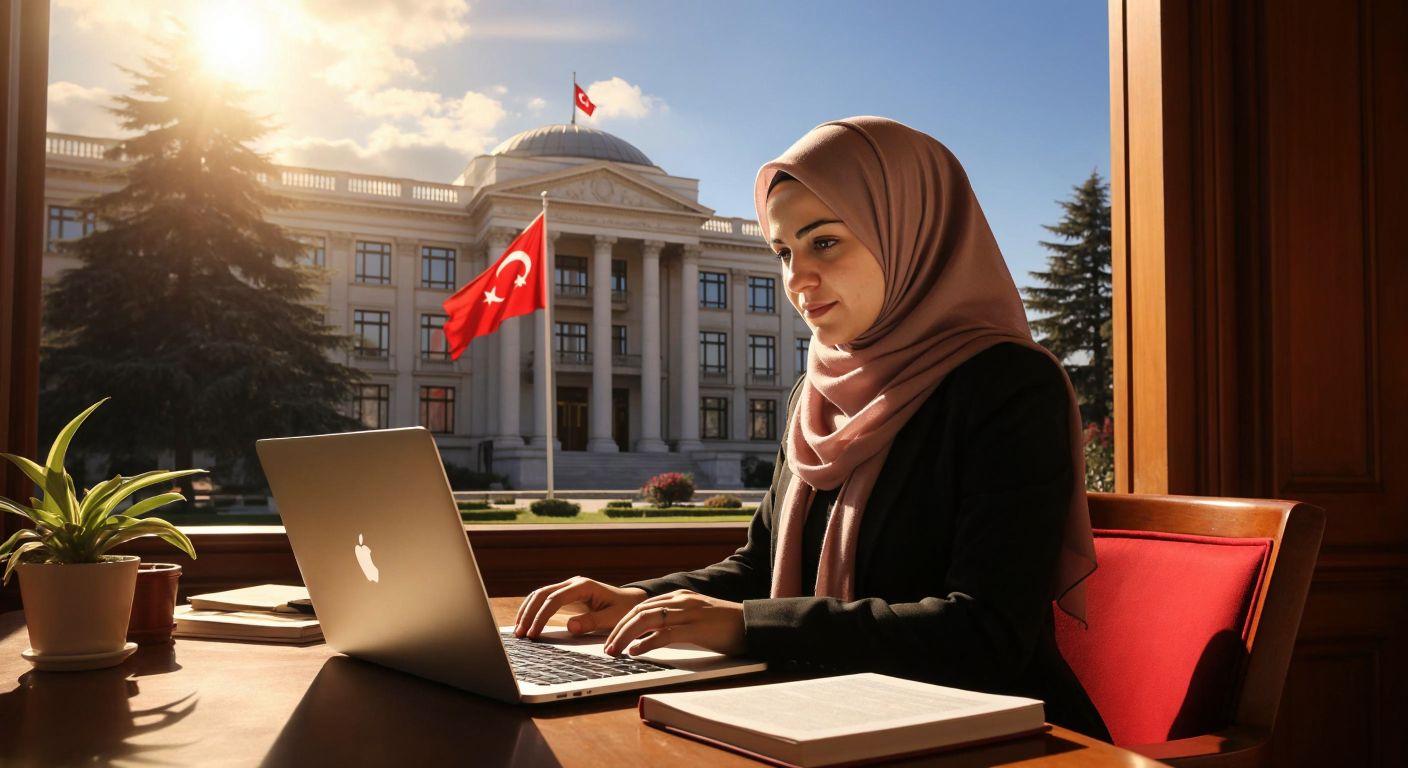 A Turkish woman in a modest headscarf sits at a wooden desk with a laptop open, her hands poised over the keyboard, while a sunlit government building with a Turkish flag flutters in the background.