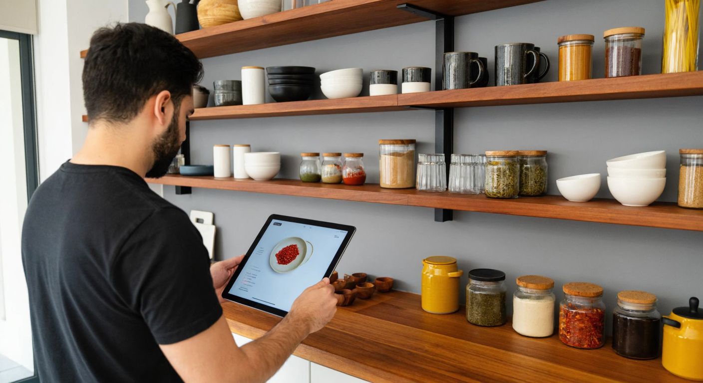 A Turkish architect in a modern home kitchen sketches 3D shelf designs on a tablet while referencing a wooden shelf filled with colorful spices and ceramic dishes.