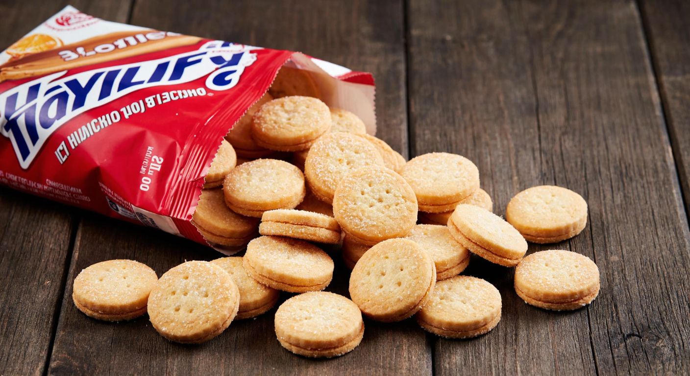 A colorful pile of Ülker Haylayf biscuits spilling from a torn 64-gram package onto a wooden table, with exactly 24 golden-brown, sugar-dusted biscuits scattered around.