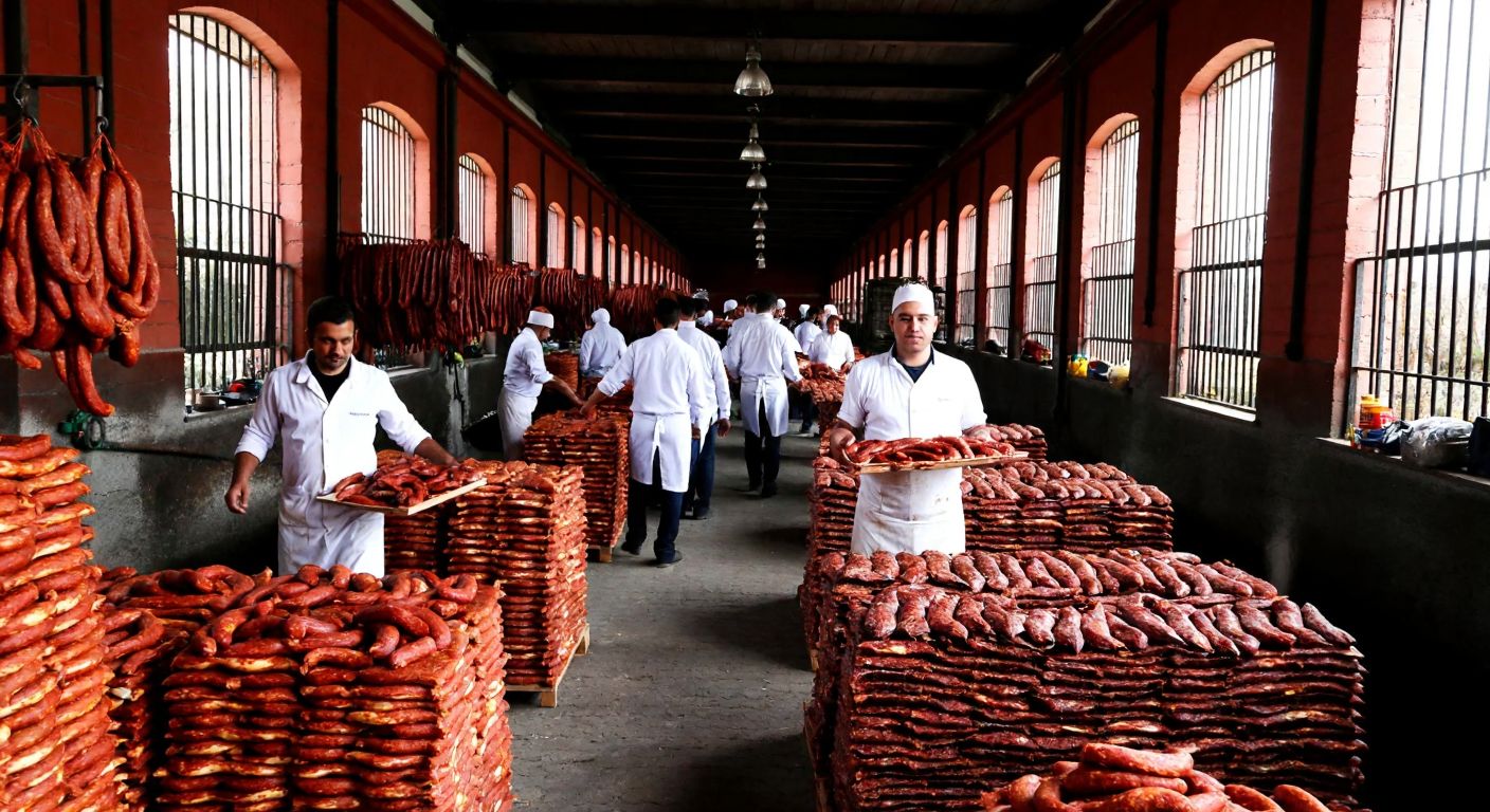 A bustling red-brick factory in Afyonkarahisar with workers in white aprons carrying trays of spicy sucuk, surrounded by stacks of cured meat and the aroma of paprika filling the air.