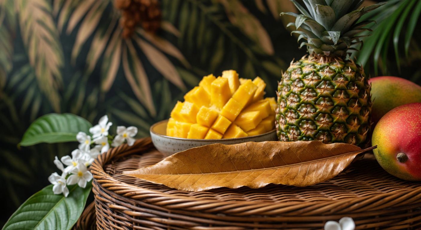 A golden-brown tobacco leaf rests on a woven tray beside a bowl of ripe tropical fruits—mango and pineapple—with delicate white flowers scattered around, evoking a warm, sweet, and exotic aroma.