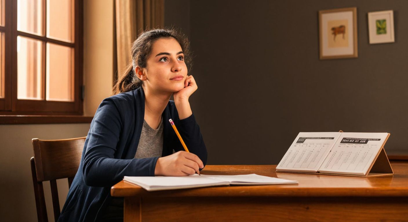A young Turkish student sits at a wooden desk with a pencil in hand, looking up thoughtfully while a calendar with marked dates for exams lies open beside them.