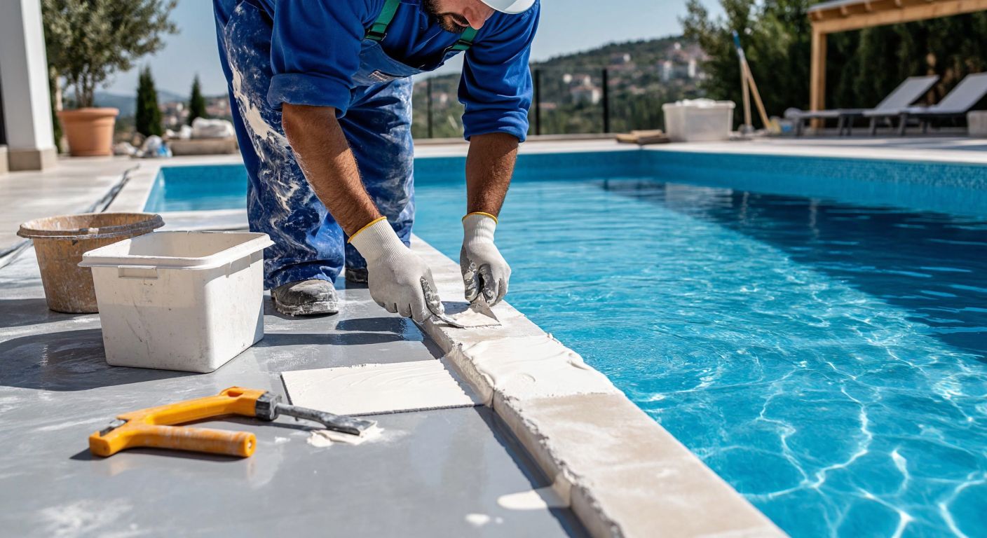 A sunlit Turkish pool under repair, with a worker in a blue jumpsuit applying a thick white sealant to a crack while nearby tools and materials like epoxy resin and cement-based mortar are neatly arranged on a tarp.