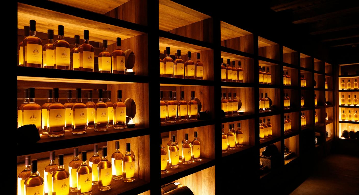 A dimly lit, cool Turkish cellar with neatly arranged bottles of Hare liqueur on wooden shelves, their amber liquid glowing softly in the shadows.