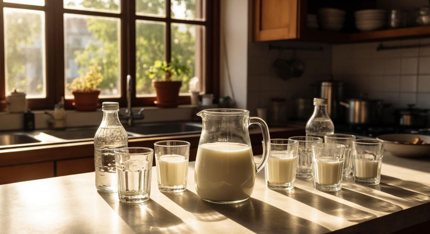 A rustic Turkish kitchen counter with a glass measuring cup filled with fresh white milk, surrounded by five small clear water bottles and ten delicate tea glasses, bathed in warm morning sunlight.