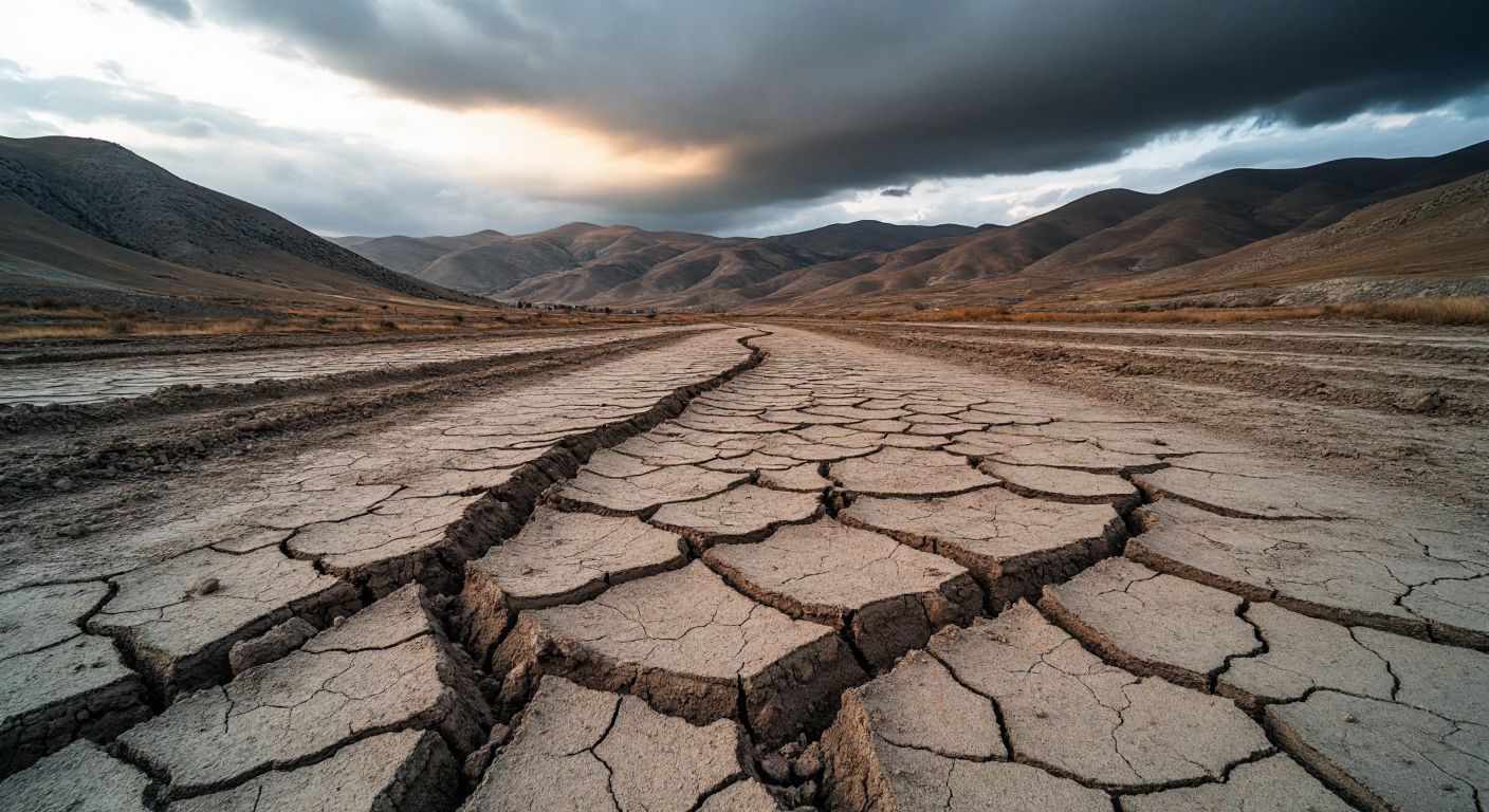 A cracked, arid landscape in Dinar with visible fault lines running through the earth, surrounded by rugged Anatolian hills under a tense, overcast sky.