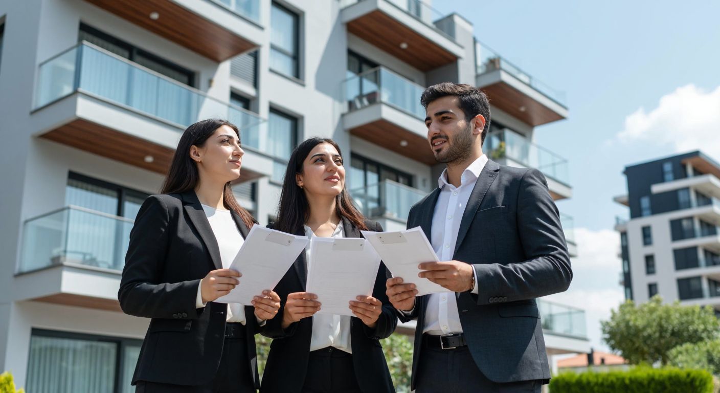 A Turkish couple standing in front of a modern apartment building, holding property documents with a thoughtful expression, while a real estate agent in a formal suit gestures toward the building with a reassuring smile.