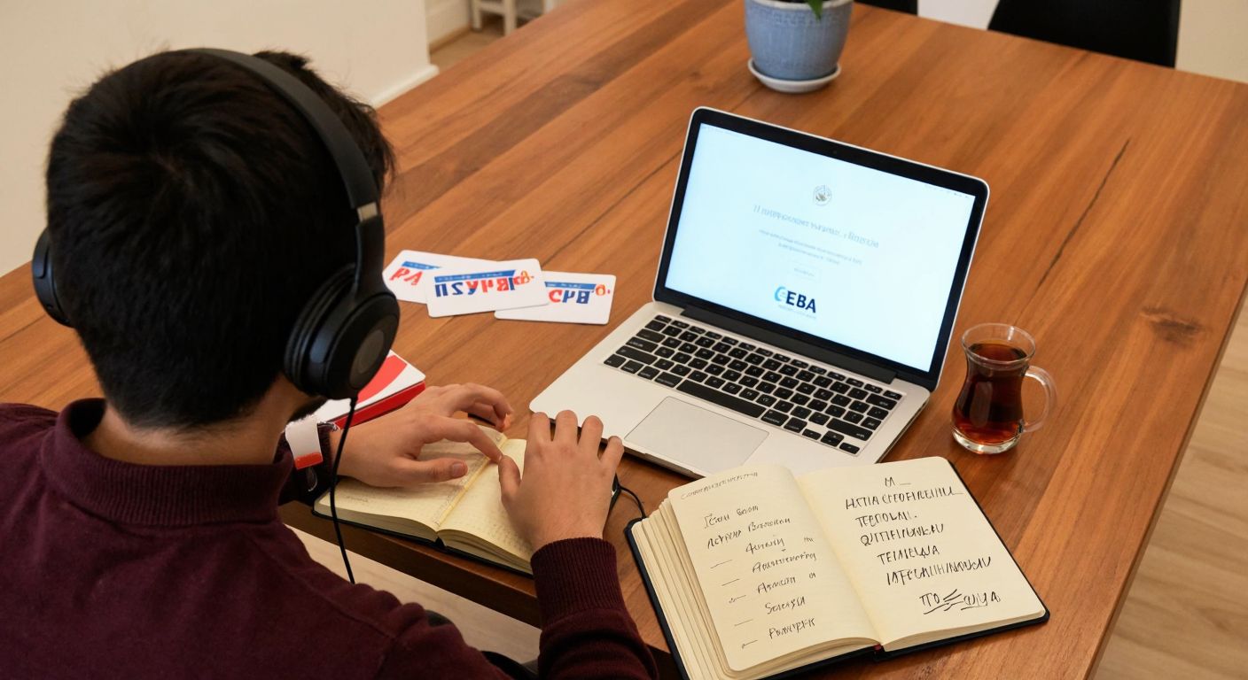 A young Turkish student sits at a wooden desk with a laptop open to the EBA portal, surrounded by Russian flashcards, a notebook with handwritten Cyrillic letters, and headphones playing Russian music, while a steaming cup of Turkish tea sits nearby.