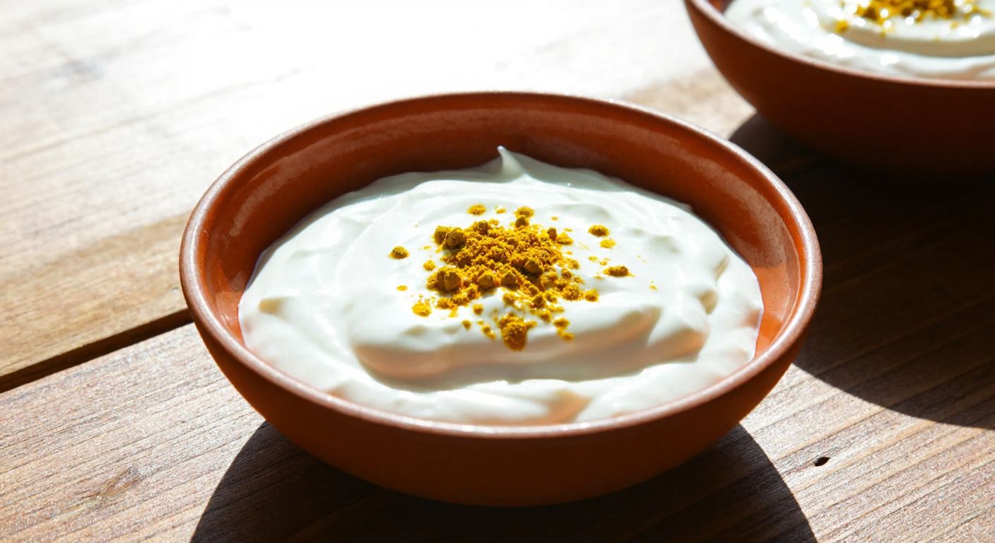 A small ceramic bowl filled with creamy white yogurt, sprinkled with golden turmeric and black nigella seeds, resting on a rustic wooden table in a sunlit Turkish kitchen.