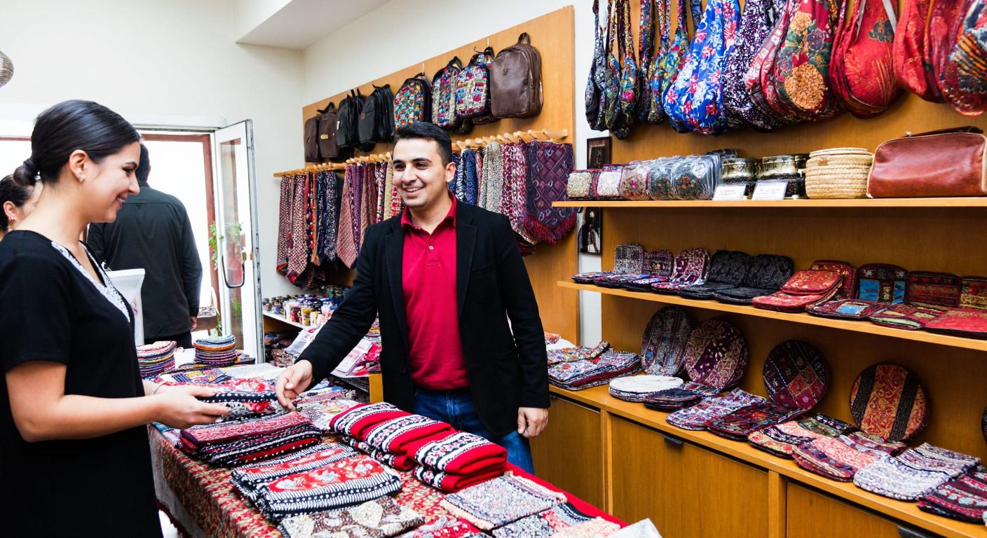 A bustling Ankara gift shop with colorful handcrafted accessories displayed on wooden shelves, a smiling shopkeeper in traditional Turkish attire assisting a customer.