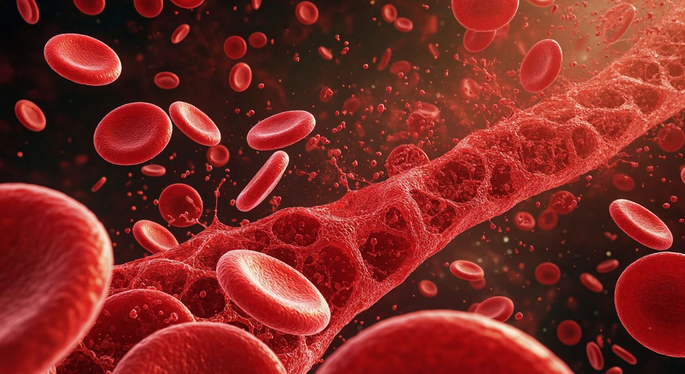 A vibrant, magnified view of blood cells flowing through a vein, with red blood cells carrying oxygen, white blood cells defending like tiny shields, and platelets forming a delicate mesh to stop bleeding.