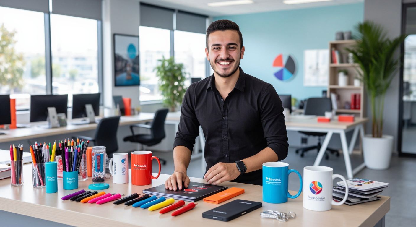 A cheerful Turkish salesperson in a bright office proudly displaying a table filled with customized promotional items like engraved pens, branded mugs, and colorful keychains.