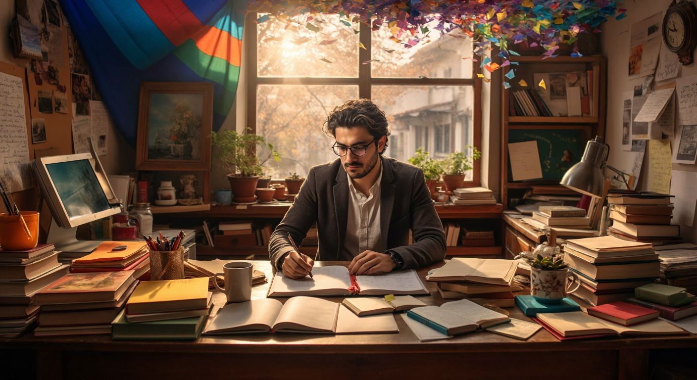 A thoughtful Turkish writer at a wooden desk surrounded by colorful books, fresh coffee, and scattered notes, carefully crafting content while referencing a vibrant image pinned to a corkboard.