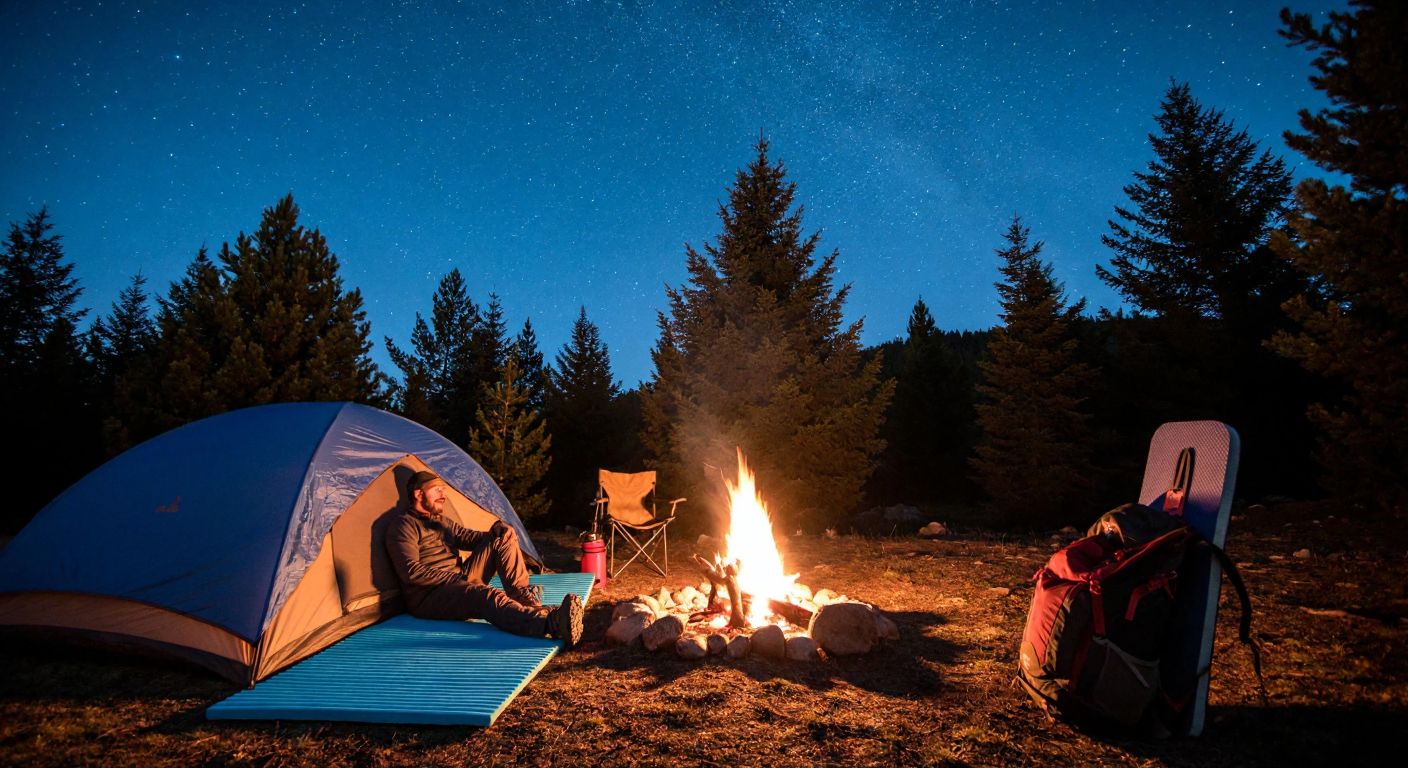 A cozy campsite under a starry Turkish night, with a hiker resting comfortably on a blue foam mat beside a crackling campfire, surrounded by pine trees and a folded inflatable mat leaning against a backpack.