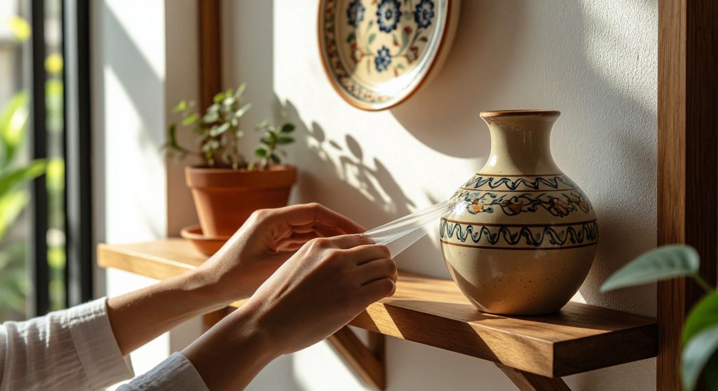 A close-up of a person’s hands firmly pressing a transparent double-sided tape between a wooden shelf and a ceramic vase in a sunlit Turkish home, with a neatly hung decorative plate in the background.