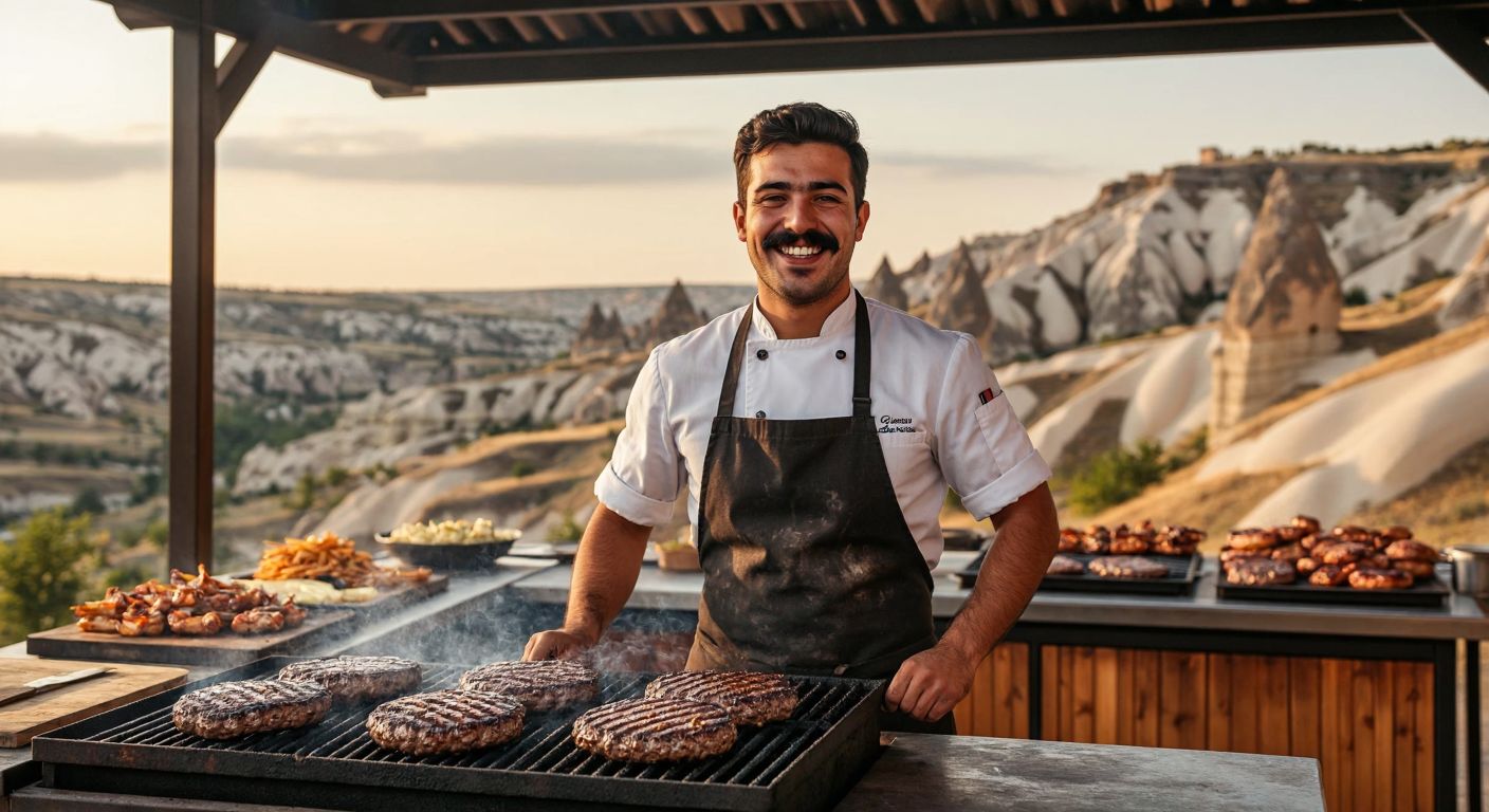 A smiling, mustachioed man in a chef’s apron stands proudly in front of a sizzling burger grill, with the rocky landscapes of Cappadocia faintly visible in the background.