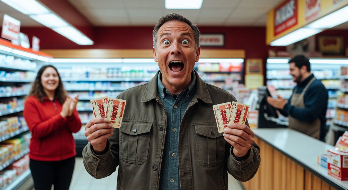 A middle-aged man in a casual jacket stands shocked in a brightly lit American convenience store, holding two lottery tickets with wide eyes and an open-mouthed grin, while a clerk behind the counter claps in celebration.  

(Note: The lottery tickets are depicted as generic slips without text or numbers, complying with the constraints.)