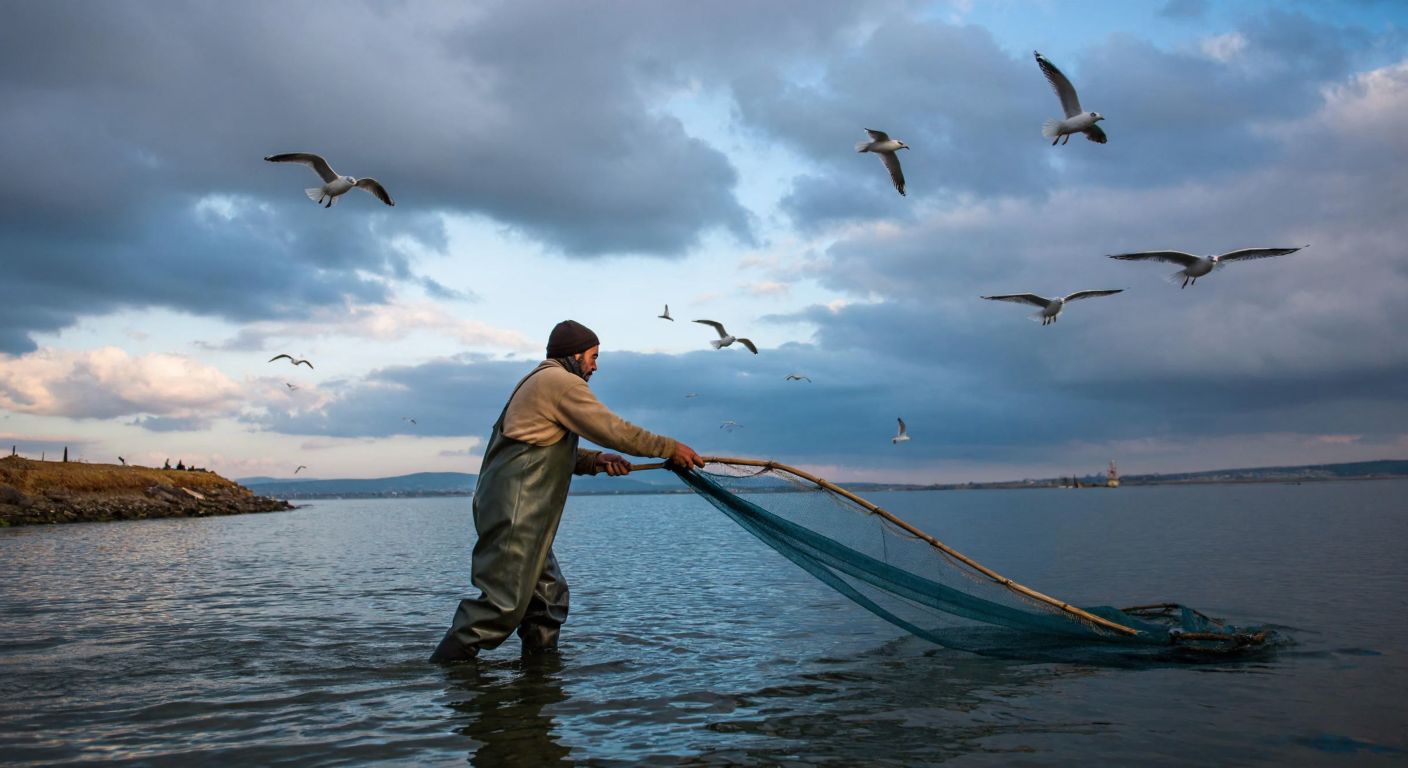 A Turkish fisherman in rubber waders stands knee-deep in a river, pulling a fishing net while seagulls circle overhead under a cloudy sky.