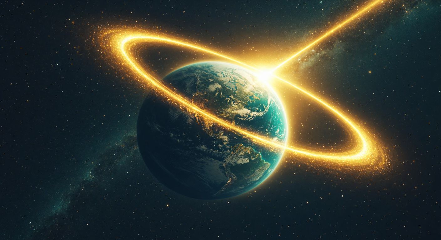 A glowing golden light beam swiftly encircles a vibrant blue-green Earth seven and a half times in a starry cosmos, leaving a shimmering trail.