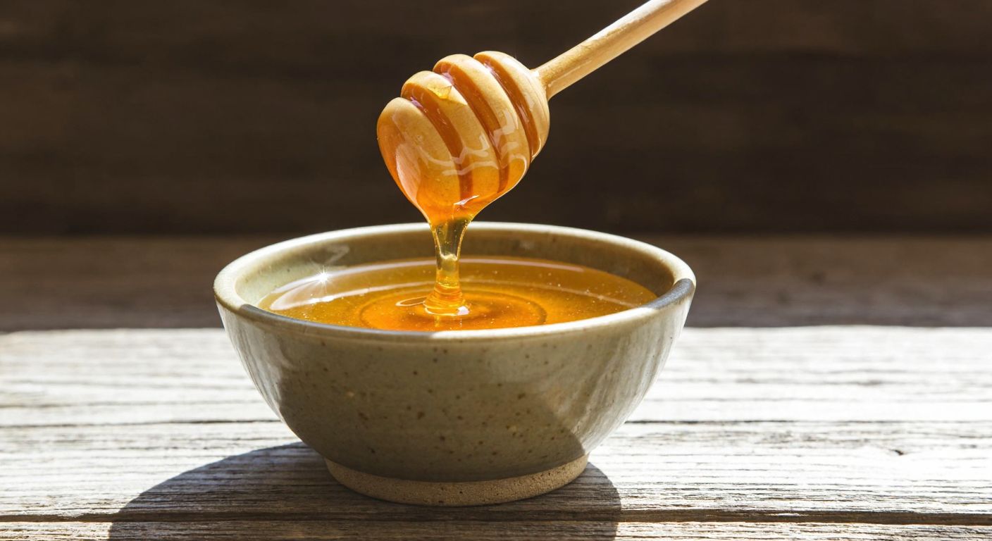 A golden honey dipper dripping thick amber honey into a small ceramic bowl on a rustic wooden table, with sunlight glinting off the sticky sweetness.