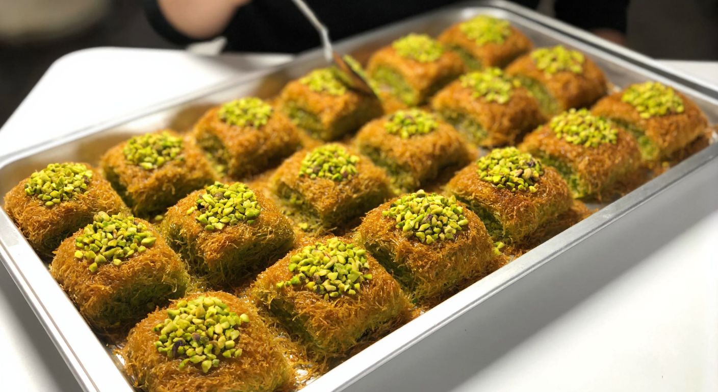 A golden-brown tray of crispy shredded kadayıf pastry, generously stuffed with vibrant green Antep pistachios, glistening with syrup under warm Turkish café lighting.