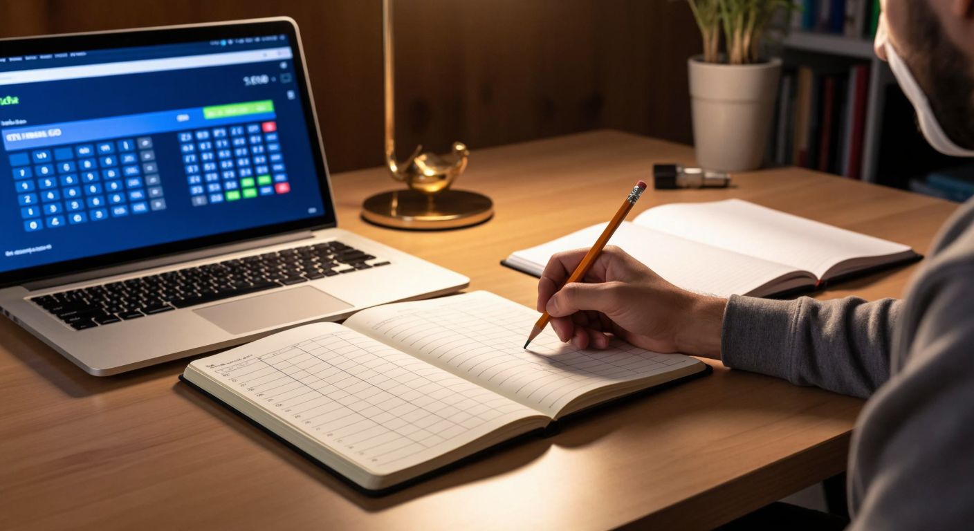 A person in Turkey sits at a wooden desk with a notebook open to a page filled with multiplication sequences, their hand holding a pencil mid-calculation, while a glowing laptop screen displaying a simple calculator interface sits nearby.