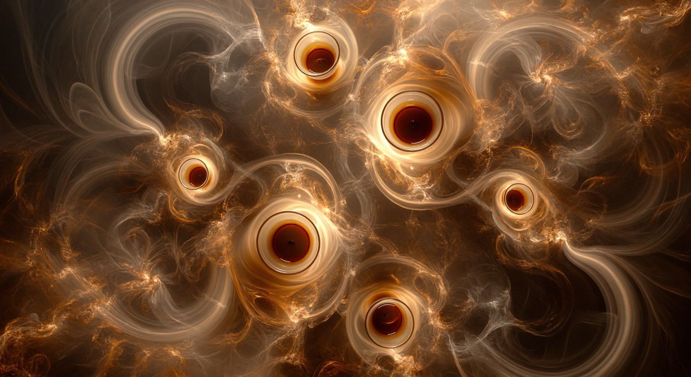 A swirling, fractal-like pattern of interconnected Turkish coffee cups, with steam rising in chaotic yet mesmerizing tendrils, symbolizing unpredictable outcomes from small initial changes.