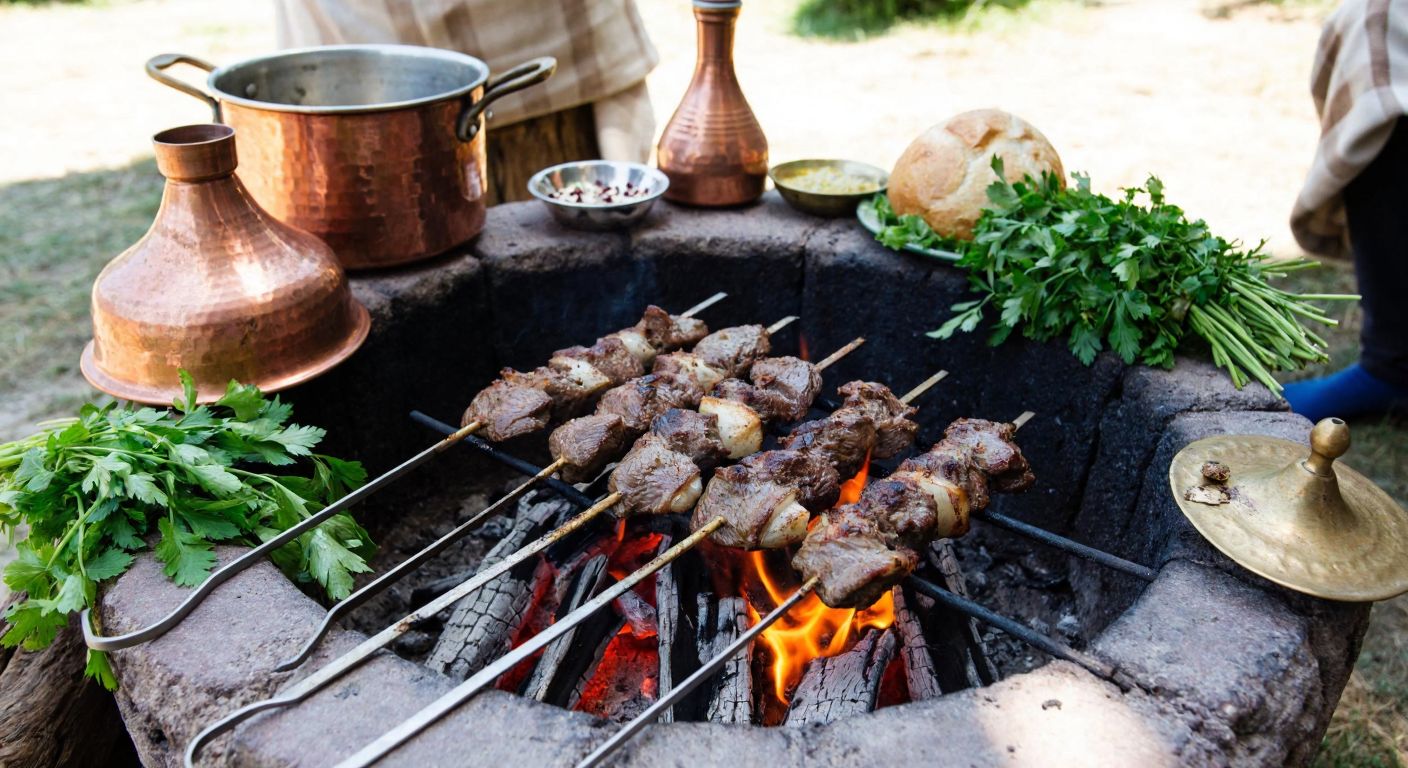 A rustic outdoor fire pit with skewers of tender male goat meat roasting over glowing embers, surrounded by traditional Turkish copper cookware and fresh herbs, evoking the rich aroma of Kulu büryanı.