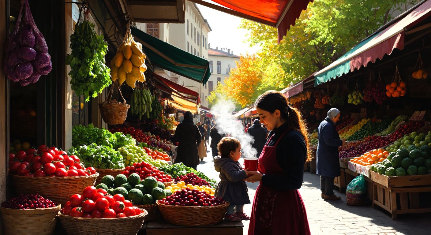 A vibrant Turkish marketplace scene with fresh produce, a steaming cup of çay, and a mother gently holding her child, surrounded by the warmth of sunlight filtering through colorful awnings, symbolizing the interplay of nutrition, environment, and generational health.