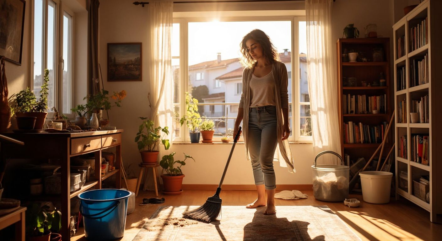 A young woman in a cozy Turkish home energetically cleans while holding a vlogging camera, with sunlight streaming through open windows, a broom leaning against a freshly dusted bookshelf, and a mop bucket nearby.