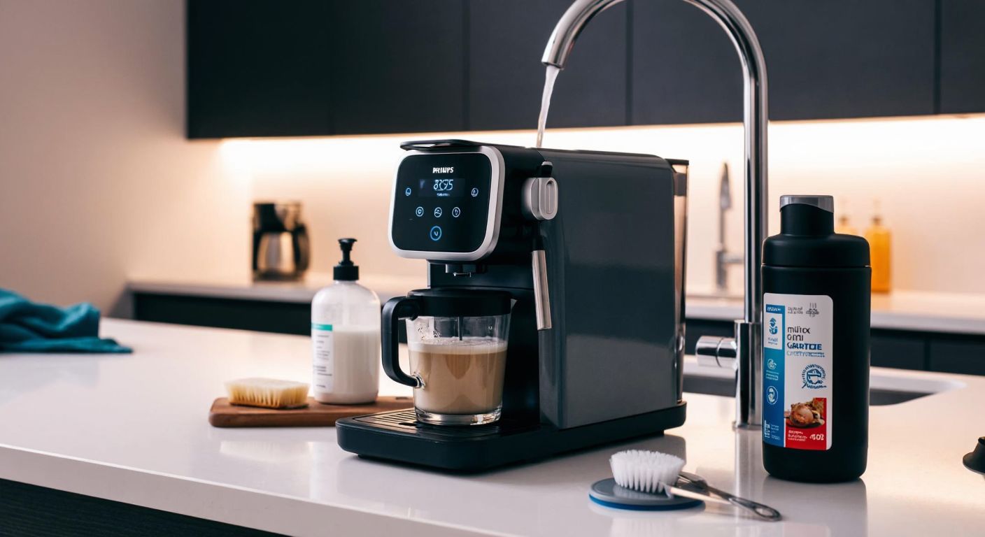 A sleek Philips espresso machine sits on a Turkish kitchen counter, with its detachable milk frother being rinsed under a running faucet, while a small cleaning brush and a bottle of Philips milk system cleaner rest nearby.