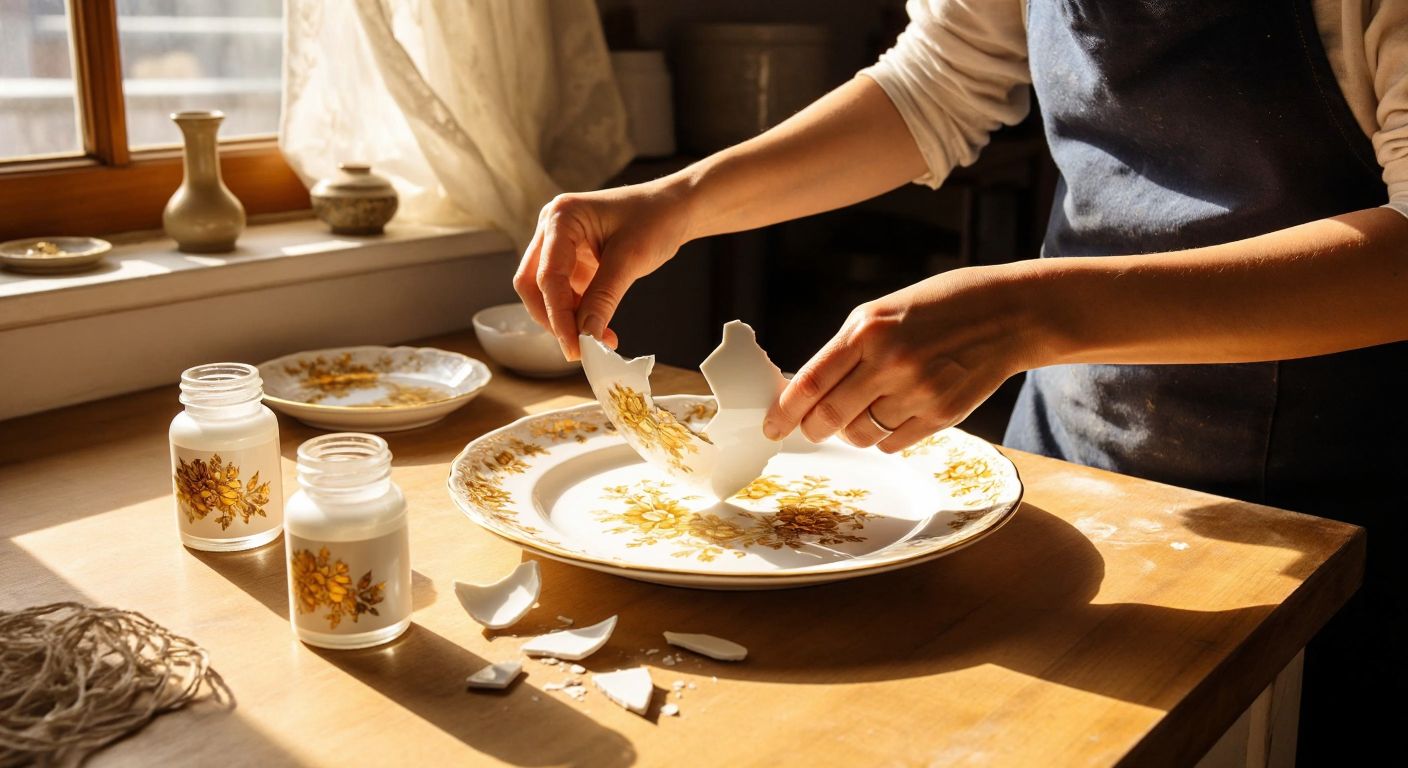 A pair of skilled hands carefully gluing together the broken pieces of a delicate white porcelain plate with golden floral patterns, surrounded by small bottles of glue and epoxy resin on a wooden table in a sunlit Turkish kitchen.