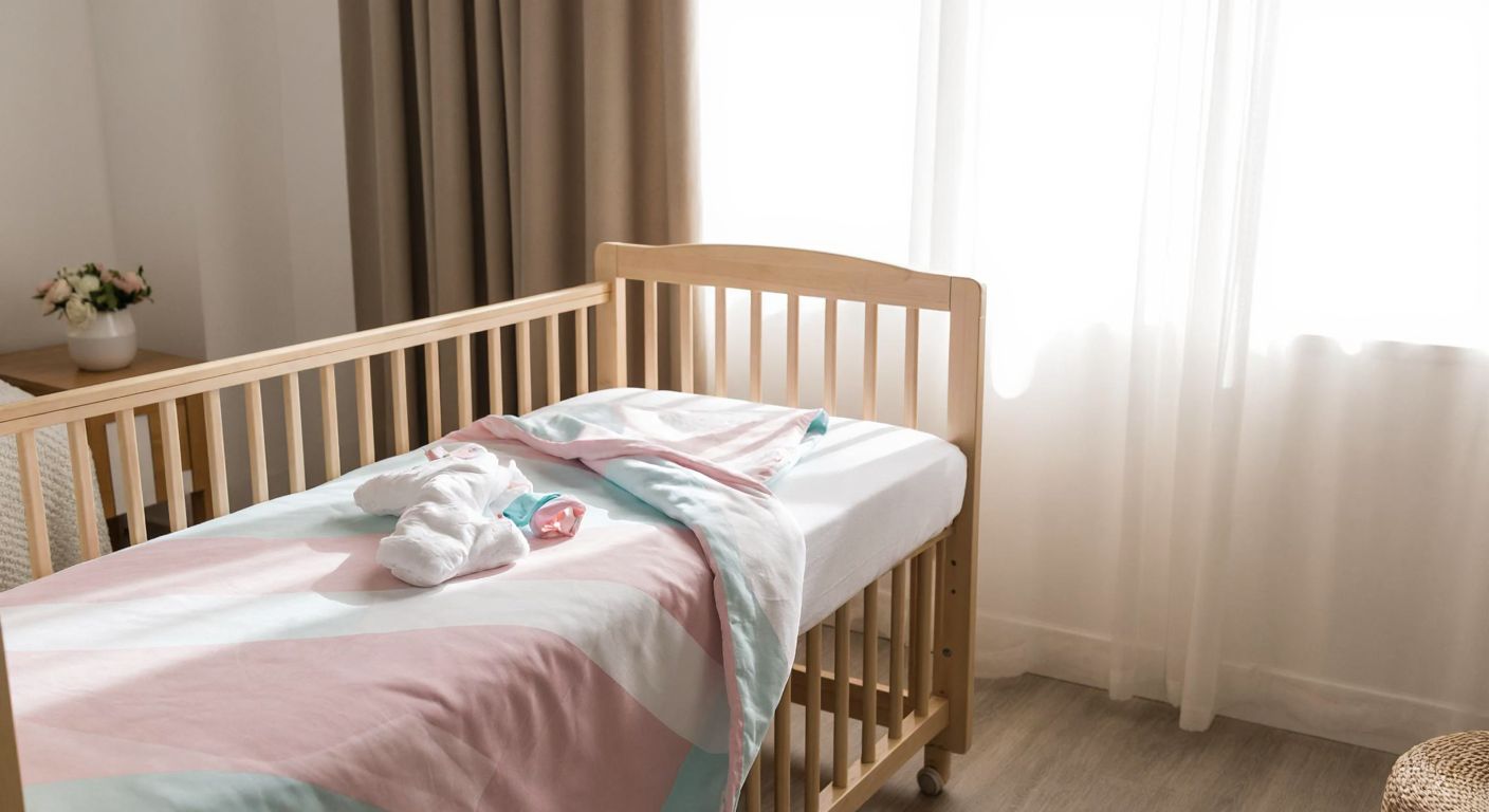 A soft, pastel-colored baby crib sheet neatly draped over a small wooden crib in a cozy nursery with sunlight streaming through sheer curtains.