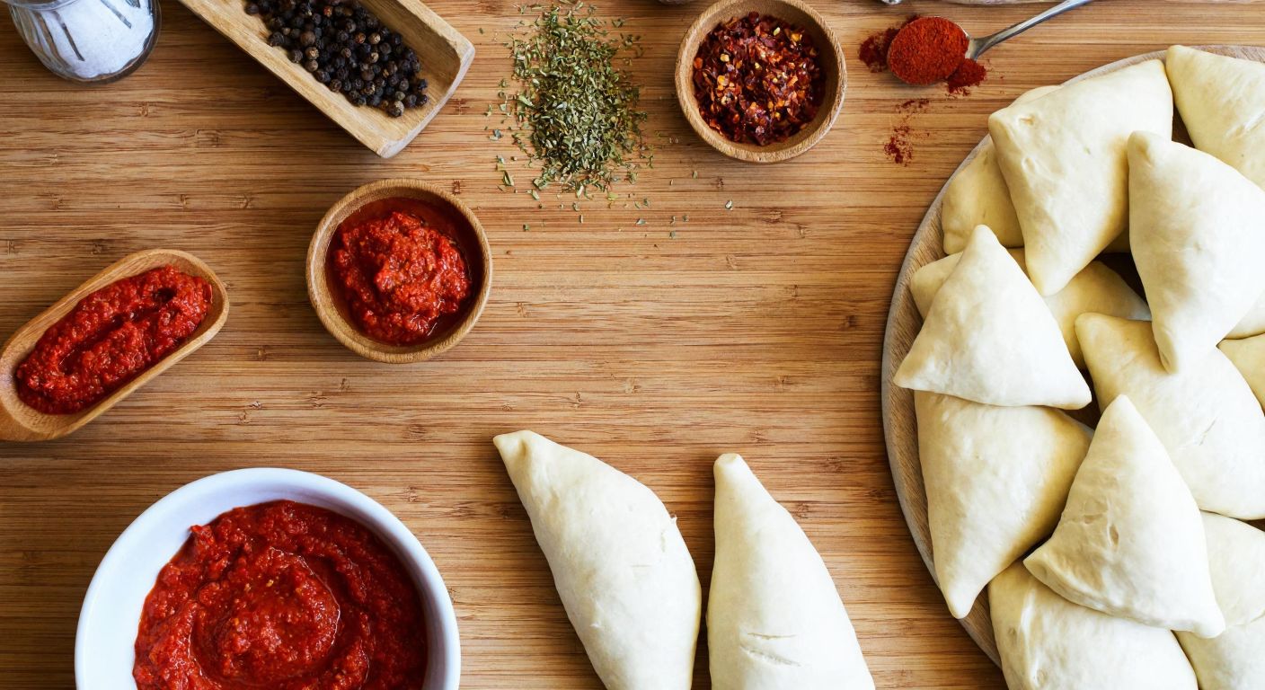 A warm Turkish kitchen with a wooden countertop scattered with colorful spices, freshly rolled dough triangles ready for baking, and a bowl of vibrant red pepper paste, evoking a cozy homemade cooking scene.