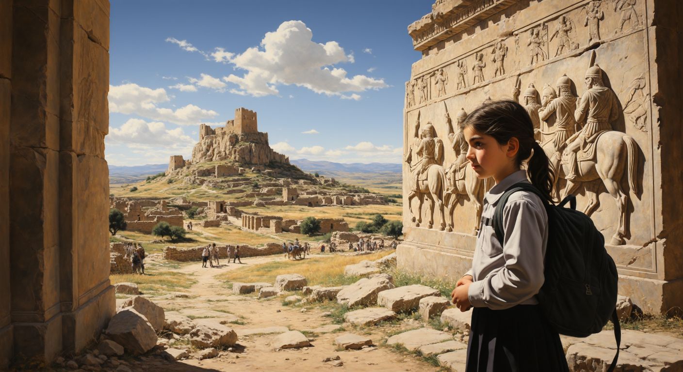 A sunlit ancient Anatolian landscape with scattered ruins of Hittite, Phrygian, and Urartian civilizations, where a curious student in a modern Turkish school uniform gazes thoughtfully at a weathered stone relief depicting warriors and chariots.
