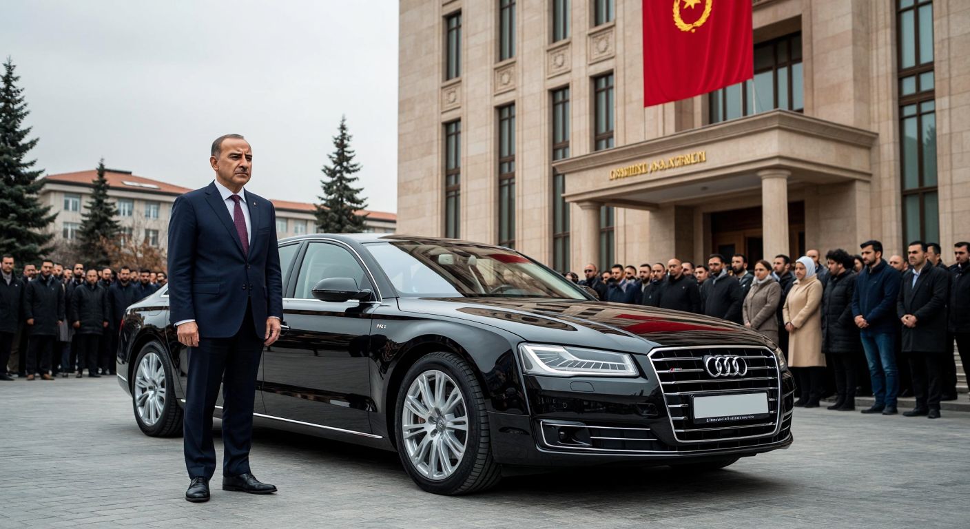 A solemn middle-aged man in a formal suit stands beside a sleek black Audi A8 parked outside a government building in Ankara, with a small crowd of concerned citizens watching from a distance under a cloudy sky.