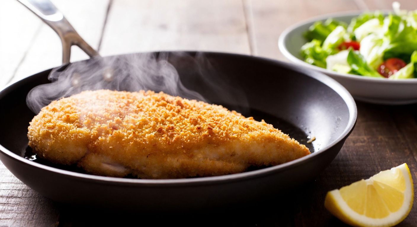 A golden-brown, crispy-coated chicken breast sizzling in a pan, with steam rising and tiny breadcrumbs flaking off, placed on a rustic wooden table beside a bowl of fresh salad and a slice of lemon.