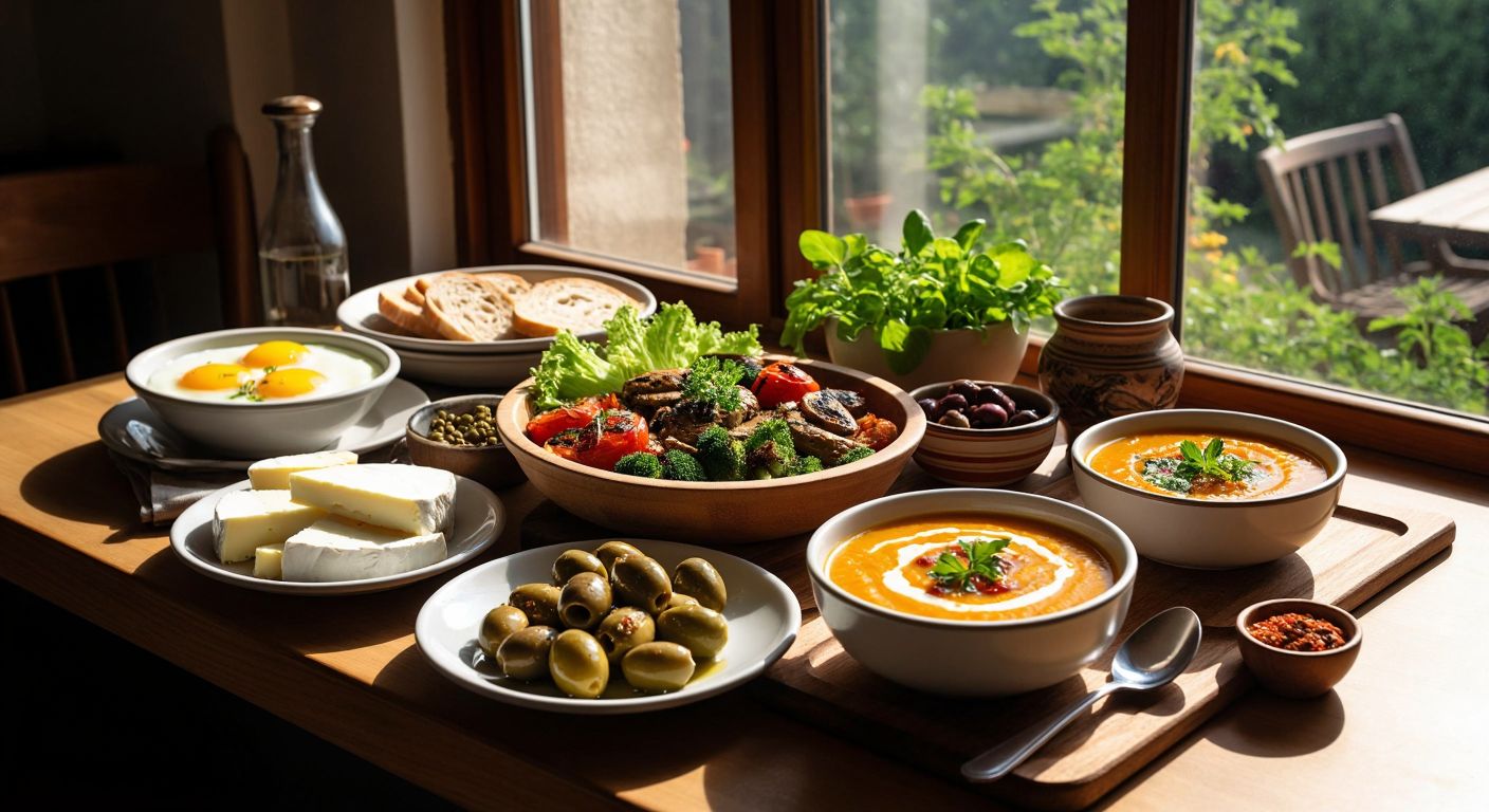 A sunlit Turkish breakfast spread with olives, cheese, eggs, and whole-grain bread transitions into a vibrant midday meal of lentil soup and grilled vegetables, then fades into a cozy evening scene of a light pumpkin soup and fresh salad, all under a sky shifting from dawn to dusk.