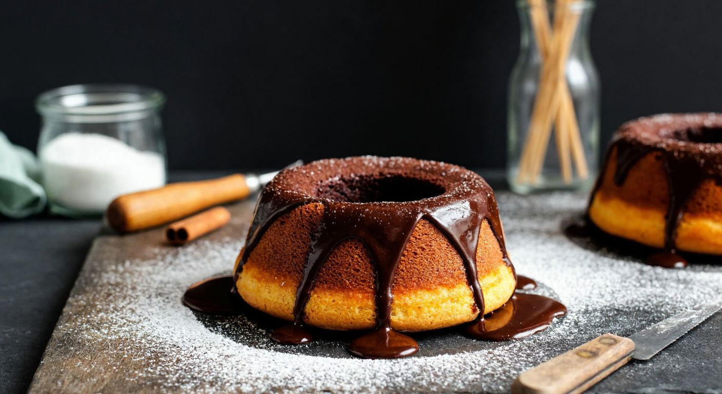 A warm, golden-brown chocolate lava cake with a glossy chocolate sauce drizzle, sitting on a rustic wooden table in a cozy Turkish kitchen, surrounded by scattered flour and a wooden skewer.