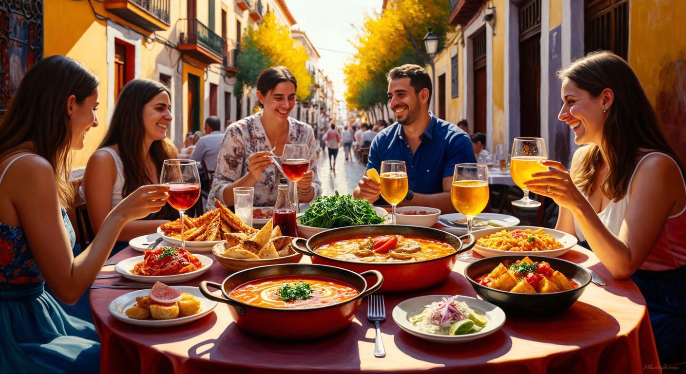 A vibrant table in Sevilla filled with colorful tapas, a bowl of gazpacho, a steaming paella, and glasses of sangria and sherry, surrounded by cheerful diners under warm golden light.