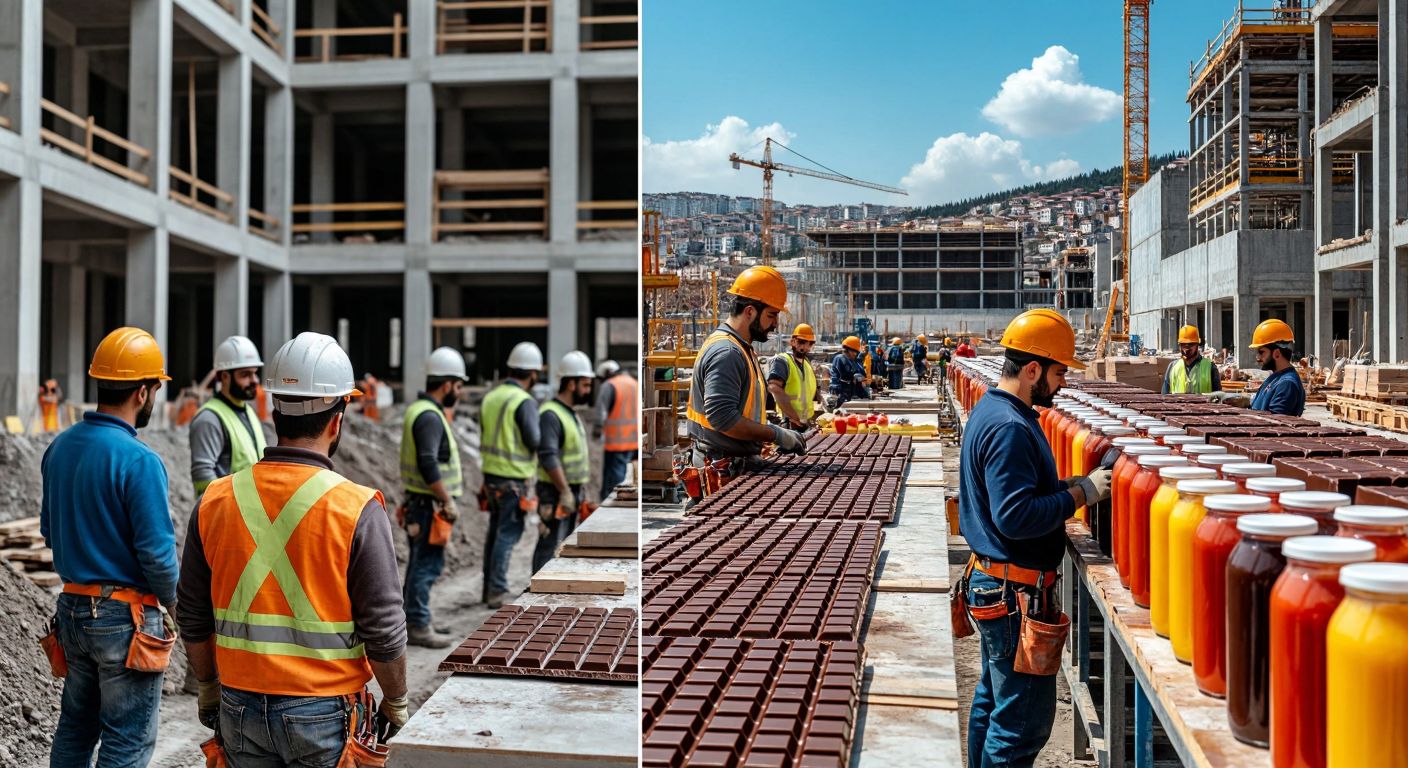 A split-image showing a bustling Turkish construction site with workers in hard hats on one side, and a vibrant food factory producing chocolate bars and fruit juices on the other.