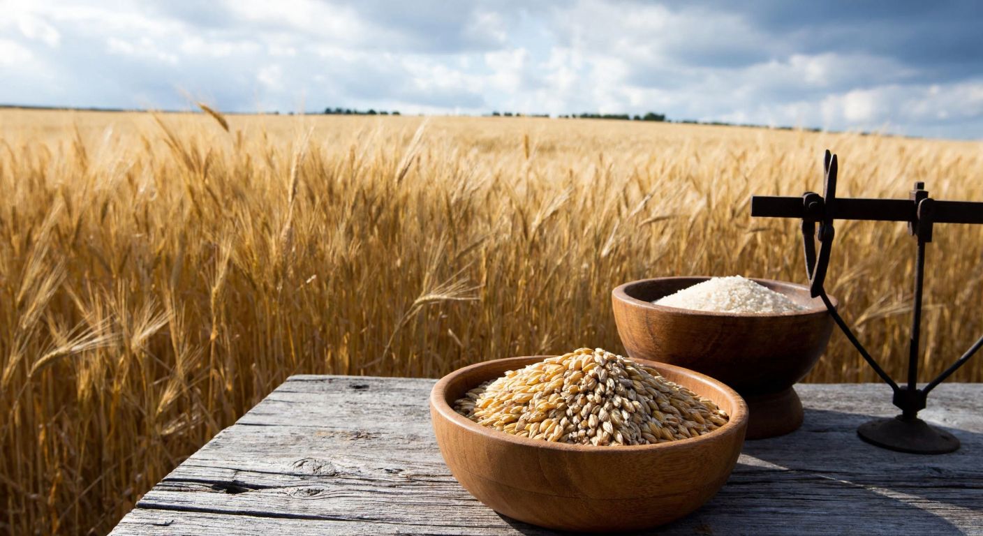 A golden field of Karakılçık wheat swaying under a warm Turkish sun, with a wooden bowl of its grains resting on a rustic table beside a simple scale.