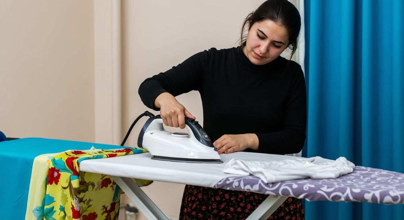 A Turkish woman carefully irons a colorful polyester garment on an ironing board, using a protective cloth and adjusting the iron to a low heat setting.
