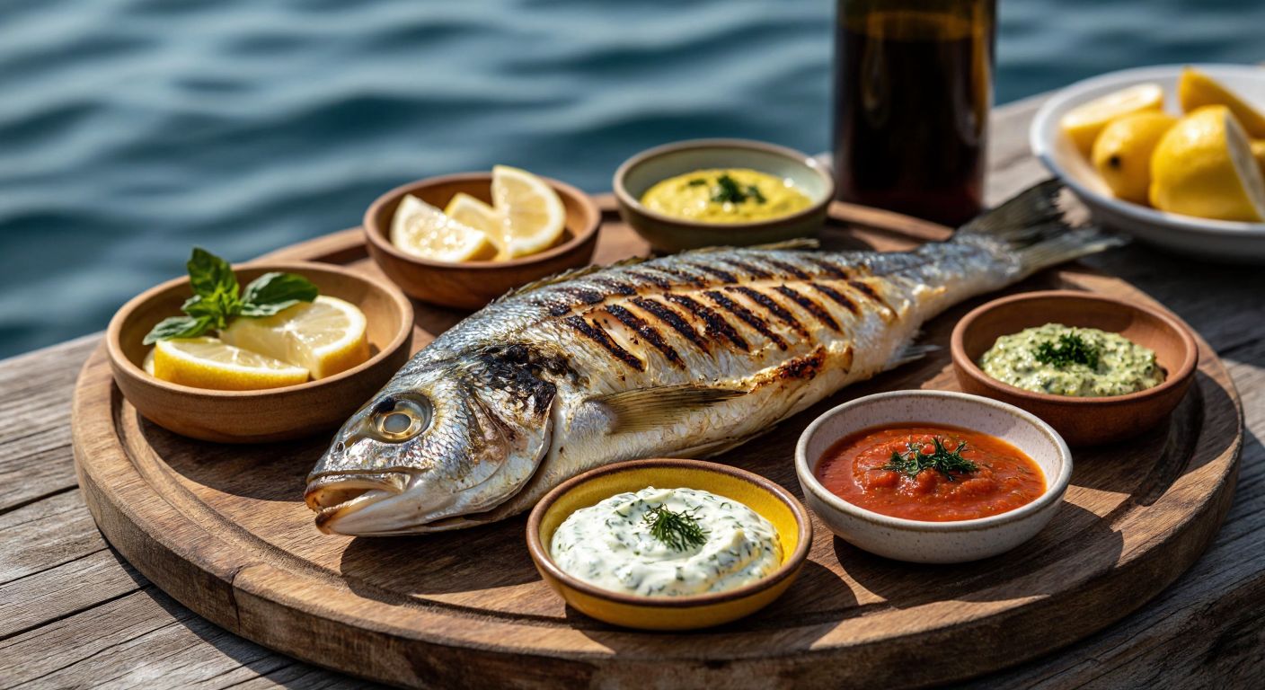 A freshly grilled fish on a rustic wooden platter surrounded by small bowls of vibrant sauces—golden lemon butter, creamy tartar with green flecks of herbs, and a pale green dill yogurt—with a seaside backdrop in Turkey.