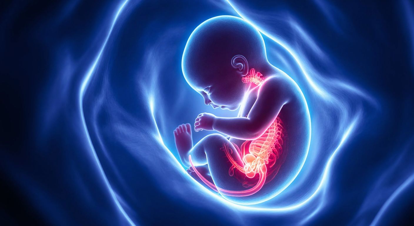 A glowing human embryo in a dark womb, with a faint tail-like structure near its spine, surrounded by soft blue and pink light.